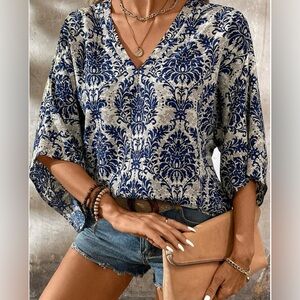 Blue Vintage Flower Tree Quarter Sleeve V Neck Blouse